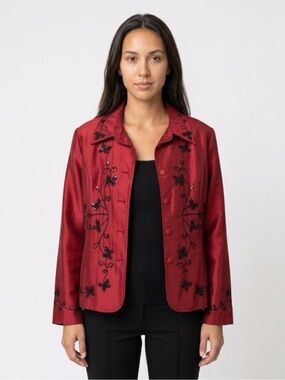 Burgundy Carole Little Red Jacket with Black Embroidery